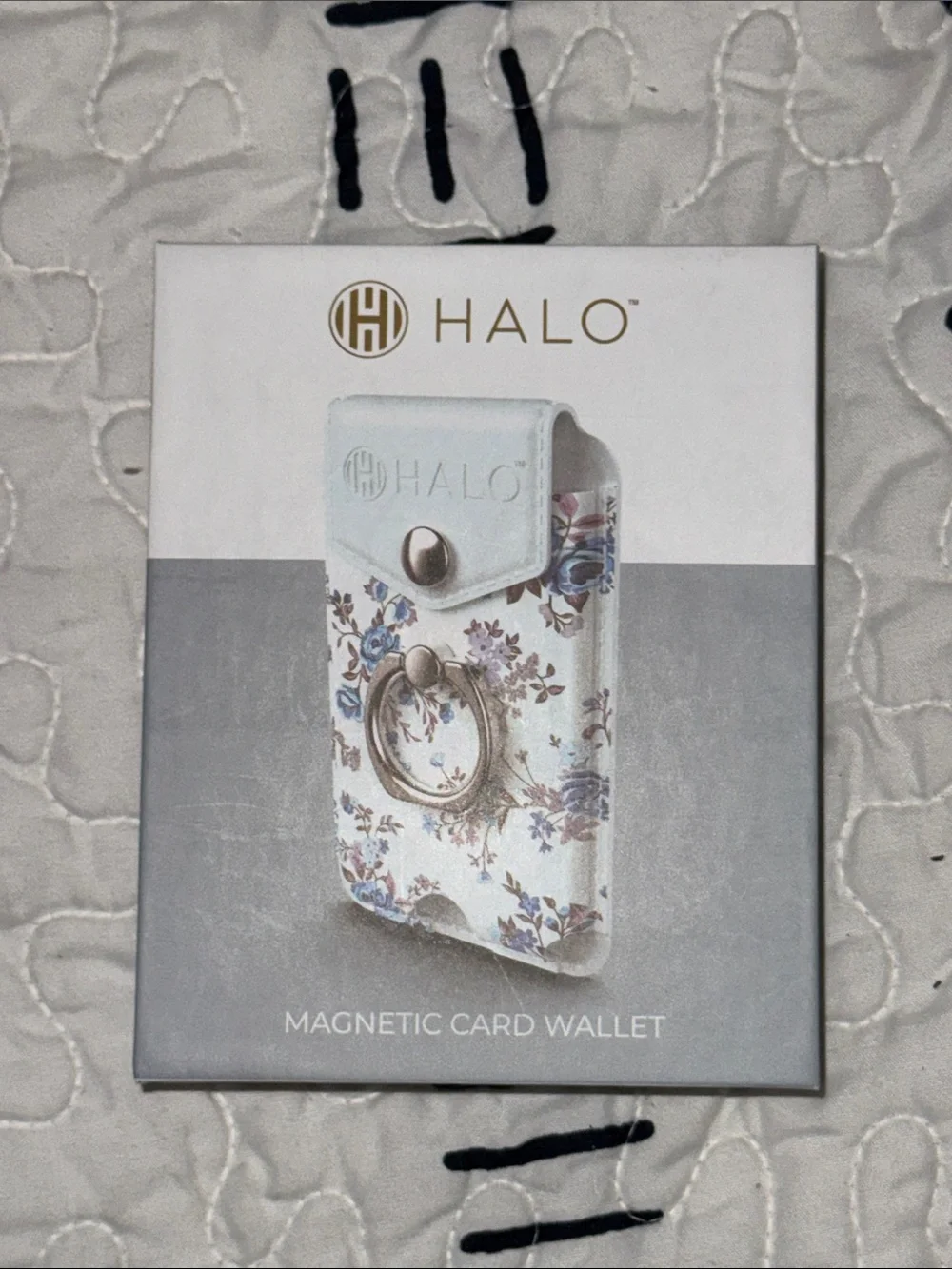 Halo Floral Magnetic Card Wallet in White and Blue with Ring